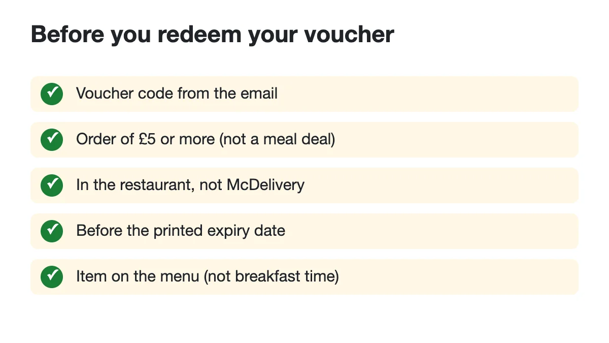 Checklist for redeeming a McDonald's Food for Thoughts voucher, showing code, £5 order, in-restaurant and expiry date